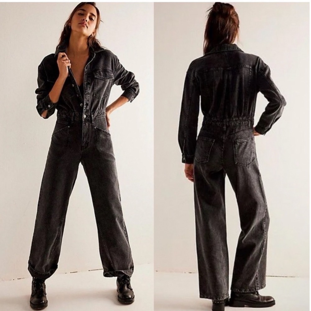Free People  Jumpsuit Women S Black Coverall‎ Denim Utility Long Sleeve Wide